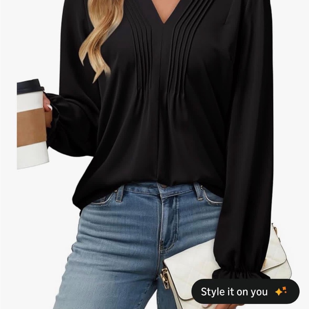 V-Neck Pintuck Black Blouse with Long Sleeves - Women Tops